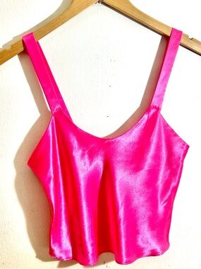 Vintage Flora Nikrooz Hot Pink Satin Y2K Crop Tank Cami Made In USA Barbie Rave